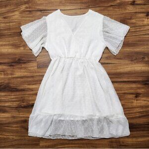 Shein Dotted White Ruffled Sleeve Loose Vneck Dress Size Small